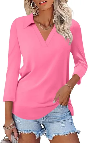 Miniatura 32 de TICTICMISS - Camisas polo de cuello en V para mujer, manga 3/4, con cuello, tops casuales de negocios, tops de verano a la moda, holgados