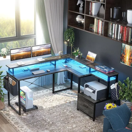 Miniatura 2 de Escritorio en forma de L con toma de corriente y tira LED, escritorio reversible en forma de L con cajón de archivos, escritorio de esquina
