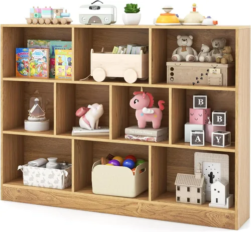 Miniatura 12 de HONEY JOY Organizador de almacenamiento de juguetes para niños, gabinete de almacenamiento de piso de madera de 10 secciones, baúl de juguetes