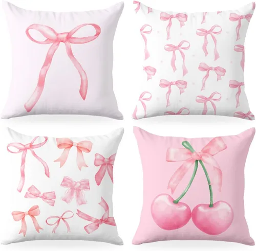 Miniatura 14 de 2 piezas de fundas de almohada de 18 x 18 pulgadas, fundas de almohada de estilo coqueto, fundas de almohada decorativas con arco rosa, fundas