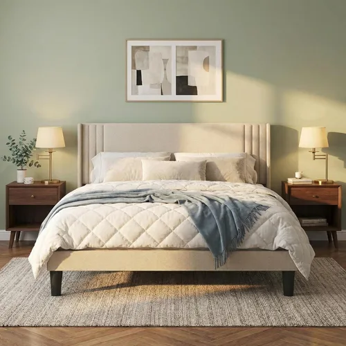 Miniatura 9 de Gizoon Base de cama matrimonial con cabecera de ala, plataforma tapizada con cabecera geométrica moderna, listones de madera, sin ruido, no necesita