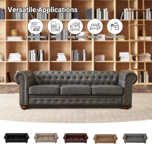 Miniatura 6 de Chesterfield - Sofá de cuero, sofá moderno de mediados de siglo de 89 pulgadas con respaldo bajo, brazo enrollable, ribete de cabeza de clavo, sofá