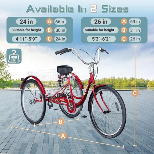Miniatura 8 de Triciclo de 7 velocidades para adultos, triciclo Cruiser de 24 pulgadas con cesta grande para mujeres, hombres y personas mayores, bicicleta de 3