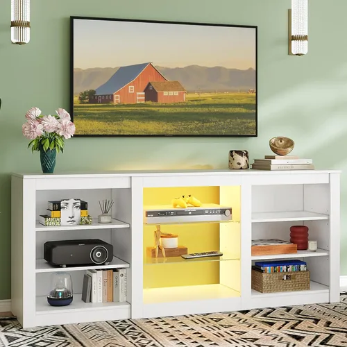Miniatura 8 de WLIVE Moderno soporte de TV para TV de 65 pulgadas, centro de entretenimiento con estantes abiertos ajustables y luces LED RGB, consola multimedia