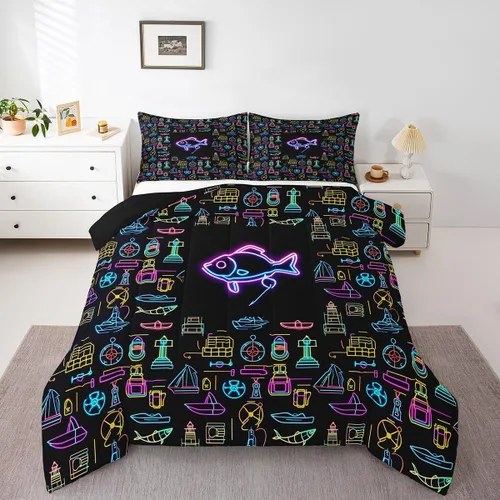 Miniatura 17 de Erosebridal Juego de ropa de cama de pesca tamaño individual, juego de edredón de peces coloridos para niños, adolescentes, hombres, pescadores