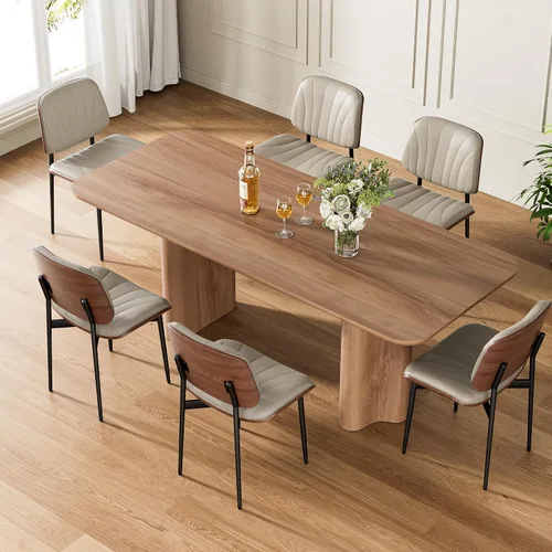 Miniatura 22 de REONEY - Juego de 4 sillas de comedor, modernas de mediados de siglo, tapizadas en piel sintética PU con respaldo de madera curvada de nogal y patas