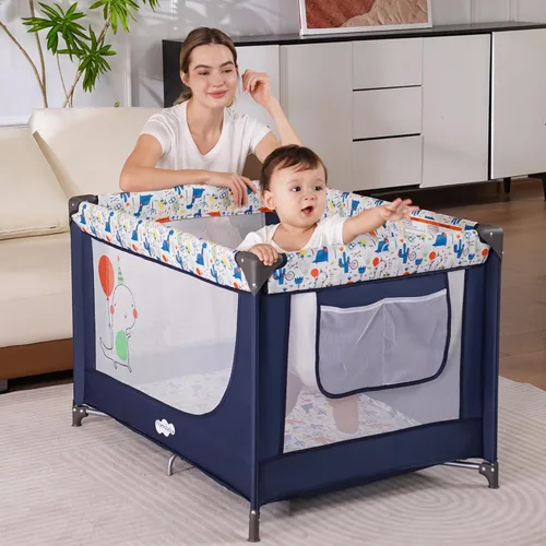 Miniatura 3 de Pamo Babe Moisés Portátil Plegable de Viaje para Bebé Infantil Cómoda Cuna de Juego Cuna Cot con Colchón Suave Paredes de Malla Transpirable, y Azul