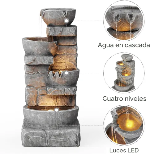 Miniatura 5 de Teamson Home Fuente de Agua LED para Exteriores de 33.25 pulgadas con Tazones en Cascada y Piedras Apiladas para Jardines, Paisajismo, Patios, Gris