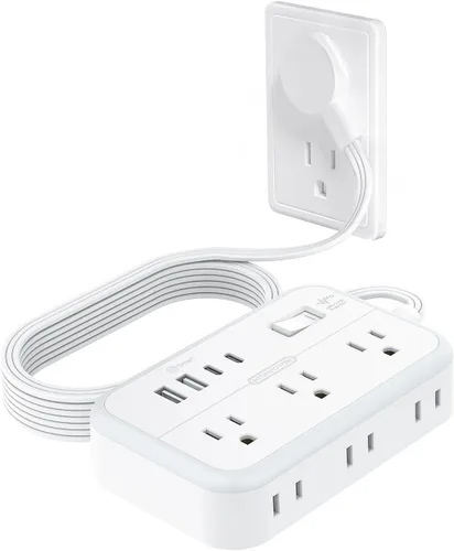 Miniatura 8 de Regleta de alimentación NTONPOWER con cable de extensión plano de 25 pies, con 6 salidas y 4 puertos USB (2 USB C), enchufe plano, múltiples Blanco