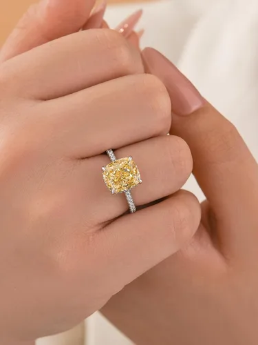 Miniatura 23 de Anillo de compromiso de corte cojín de 4 quilates para mujer, piedra blanca/amarilla grado 5A, circonita cúbica S925, plata, amarillo/blanco/oro rosa