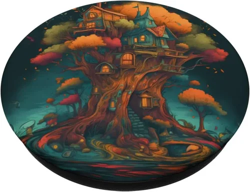 Miniatura 2 de Una casa del árbol caprichosa ubicada en un bosque colorido. PopSockets Fantasy PopGrip intercambiables