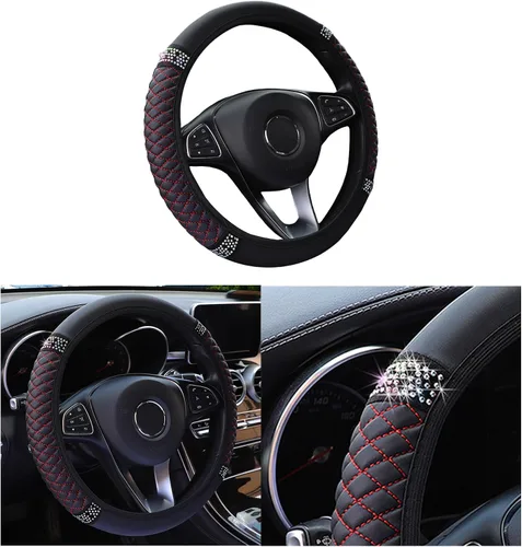 Miniatura 16 de Funda brillante para volante de automóvil, protector de cuero con diamantes de imitación de cristal para automóvil, accesorios de decoración