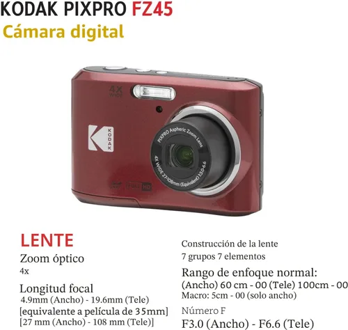 Miniatura 6 de Cámara digital KODAK PIXPRO FZ45 de 16 MP con zoom óptico de 4X, lente gran angular de 27 mm y pantalla LCD de 2.7" en paquete con tarjeta de Rojo