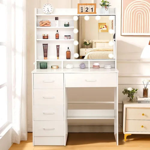 Miniatura 10 de Escritorio de tocador con espejo LED deslizante, mesa de maquillaje blanca con 6 cajones, 4 estantes de almacenamiento y taburete, 3 modos