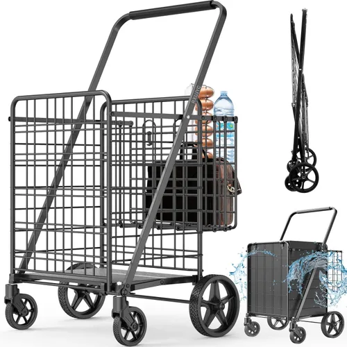 Miniatura 8 de Carrito de compras de capacidad de 450 libras, carrito de comestibles enorme con ruedas, carrito de compras plegable resistente con cesta doble