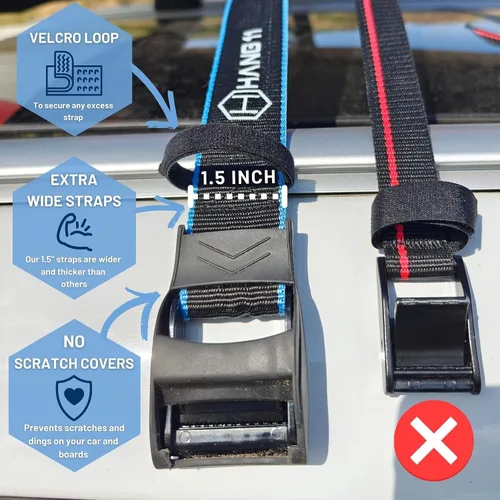 Miniatura 3 de Hang 11 Correas de amarre para tabla de surf para portaequipajes, extra largas (15 pies) y anchas (1.5 pulgadas), hebillas de silicona antiarañazos