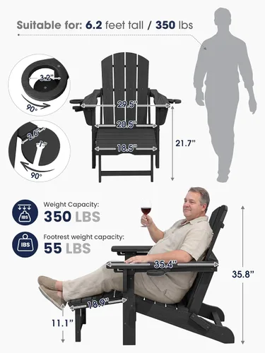 Miniatura 3 de KINGYES Silla Adirondack plegable ajustable con otomana retráctil, silla reclinable Adirondack de polietileno de alta densidad con soporte