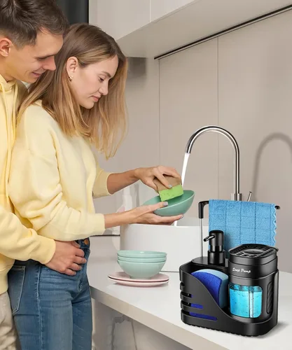 Miniatura 4 de Set de dispensador de jabón de cocina, dispensador doble de jabón para manos y platos 4-en-1 con soporte de esponja y soporte de paño para fregadero