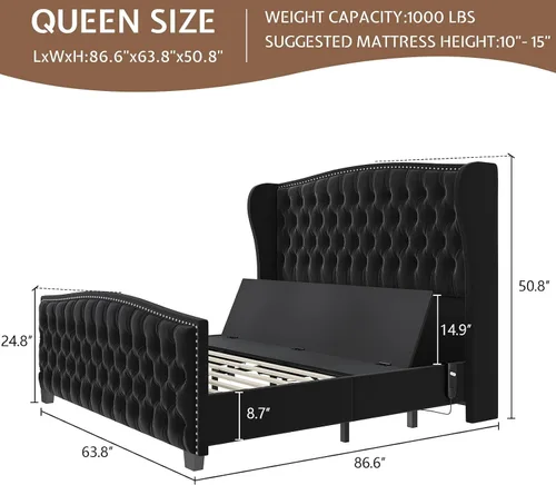 Miniatura 2 de LUXOAK Base de cama ajustable tamaño Queen con cabecero copetudo y respaldo de ala, base de cama ajustable inteligente con doble motor y control