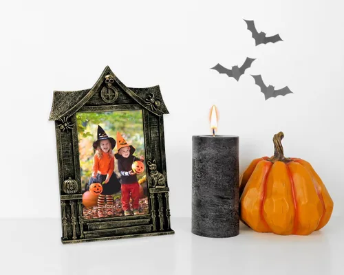 Miniatura 5 de Isaac Jacobs Marco de fotos de Halloween con forma de casa encantada de 4 x 6, para mesa de fotos y montaje en pared, decoración del hogar de Negro