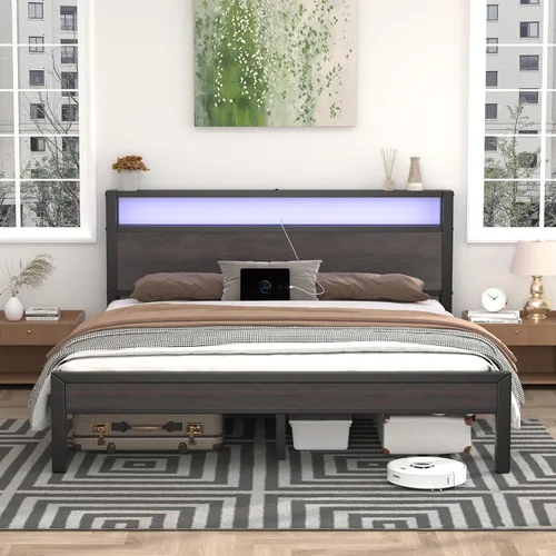 Miniatura 12 de LoVinson Full Size Bed Frame with Charging Station and LED Light, Metal Platform Bed with Storage Headboard, Noise Free, No Box Spring Needed, Easy