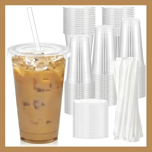 Miniatura 10 de Plastic Clear Cups [12 oz] with Lids and Straws [10 Set] Disposable Cold Beverage Drinking Iced Coffee Water Juice Tea Party Travel Cafe School