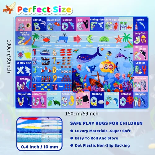 Miniatura 7 de Alfombra interactiva de aprendizaje del mundo oceánico de 3 pies 3 pulgadas x 5 pies con ABC, animales marinos, números y formas para niños pequeños