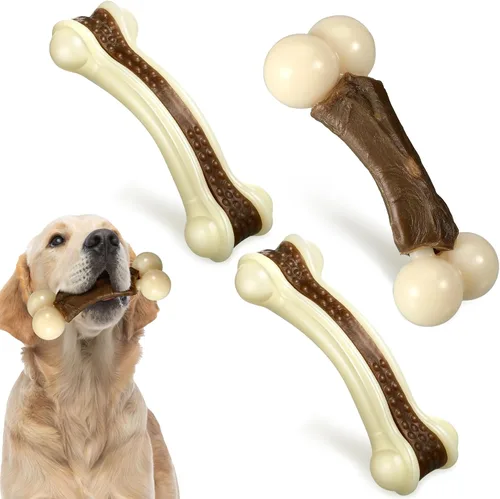 Sosation Paquete de 3 juguetes masticables para masticadores agresivos, juguetes de hueso de nailon con sabor a carne de res, juguetes para