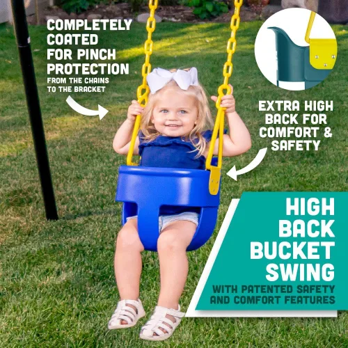 Miniatura 2 de Asiento de columpio para niños pequeños con respaldo alto y agarre para los dedos, cadenas recubiertas de plástico y mosquetones para una fácil Azul