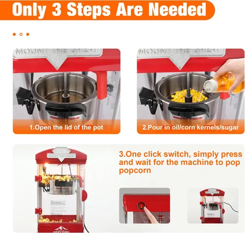 Miniatura 7 de Máquina de palomitas de maíz de 8 onzas con carrito (rojo) – Máquina de palomitas vintage – Operación con un solo toque, hace hasta 30 tazas