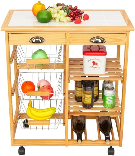 Carrito de cocina de madera rodante de 3 niveles, carrito utilitario de almacenamiento sobre ruedas con cajones Shleves y estante para vino, color