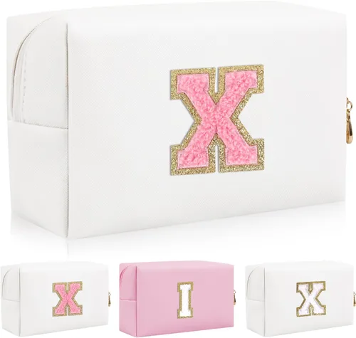 Miniatura 41 de Bolsa de maquillaje con parche de letra inicial personalizada, bolsa de cosméticos de chenilla preppy con letra de chenilla con cremallera, Y