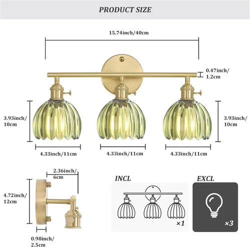 Miniatura 5 de Shenmoyl Accesorios de iluminación de baño, lámpara de pared de latón de 3 luces sobre espejo con pantalla de vidrio en forma de tulipán verde