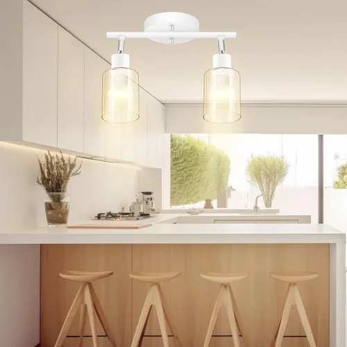 Miniatura 9 de BoostArea Lámparas de baño de 2 luces, modernas luces blancas de pared con pantalla de vidrio transparente, luz de techo flexible para espejo