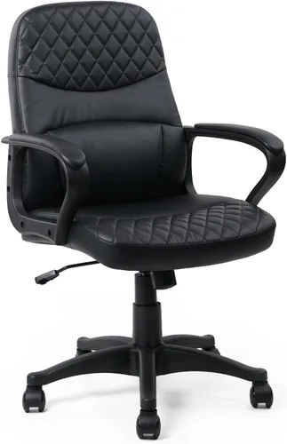 CLATINA Silla ergonómica de oficina con respaldo medio de cuero con ruedas, silla giratoria ejecutiva con soporte lumbar, reposabrazos para oficina