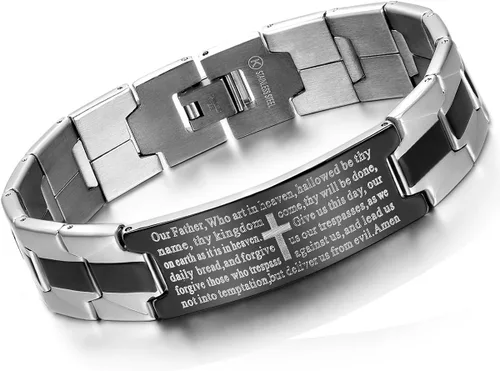 Flongo Pulsera de pulsera vintage de acero inoxidable para hombre, con cruz negra inglesa, señores de la Biblia y eslabones de oración para hombre,