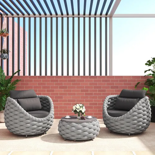 TWT Juego de 3 piezas de muebles de patio de aluminio, cuerda de poliéster tejida a mano, muebles modernos para exteriores con cojín lavable y