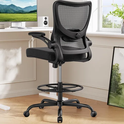 Marsail Silla de dibujo, silla de oficina alta con soporte lumbar 2D, silla de escritorio de pie con reposabrazos abatibles acolchados y anillo Negro