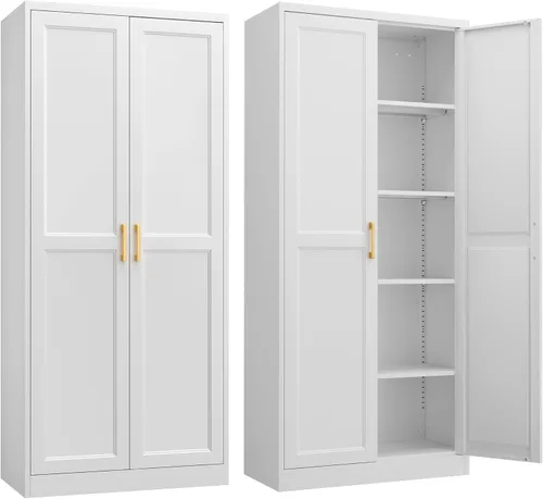 SteeLoong - Gabinete de despensa de cocina, gabinete de almacenamiento de metal blanco de 71" con puertas y 4 estantes ajustables, gabinete de