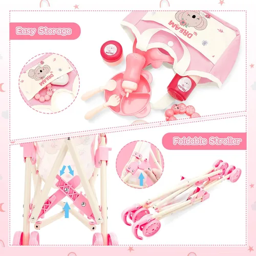 Miniatura 3 de deAO Juguetes de Cochecito de Muñeca Bebé con Muñeca Bebé de 12" Accesorios Cama de Cuna Silla Alta Conjunto de Juego de Roles de Guardería Tapete
