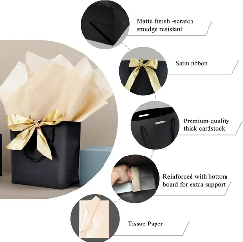 Miniatura 3 de Aosric Paquete de 12 bolsas de regalo negras con cinta de lazo, 7.48 x 3.54 x 7.9 pulgadas, elegante bolsa de regalo de cartulina pequeña con asas