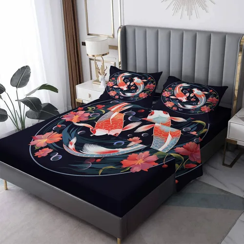 Miniatura 8 de Juego de sábanas de tamaño individual – Sábanas de cama de pez Koi japonés, sábanas y fundas de almohada, sábanas y fundas de almohada, microfibra