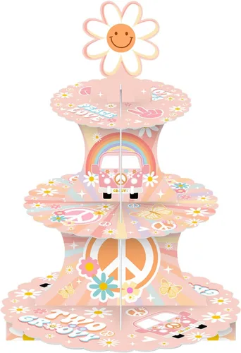 Miniatura 21 de Soporte retro para cupcakes de los años 80, 3 niveles de vuelta a los años 80 para fiesta de discoteca de cartón, bandeja redonda para postres
