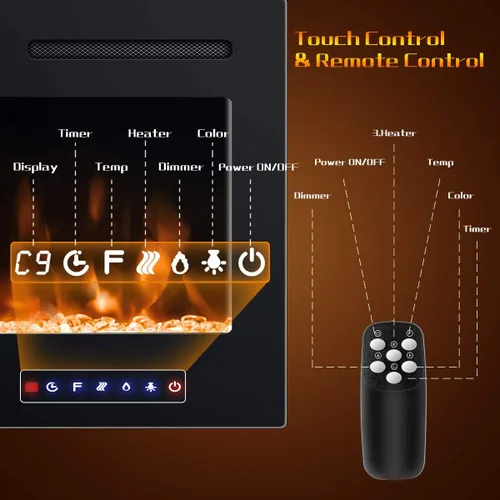 Miniatura 6 de COSTWAY Chimenea eléctrica de 50 pulgadas, 750 W/1500 W empotrada en pared y montaje con control remoto, 9 colores de llama, 5 ajustes de brillo