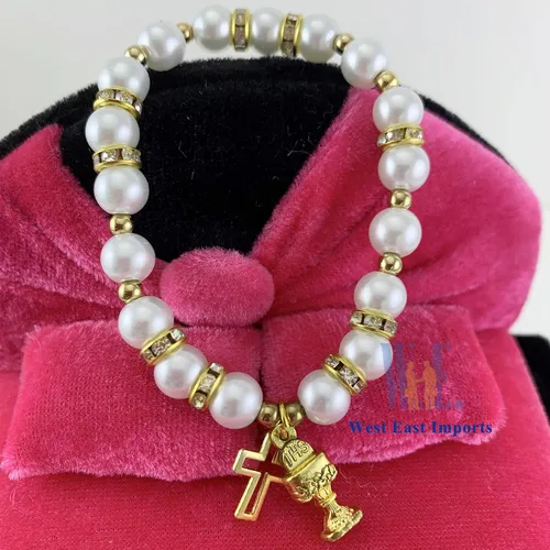Miniatura 3 de 12 pulseras de perlas elásticas para la primera comunión con cáliz de metal dorado y dijes de cruzrecuerdos para la primera comunión