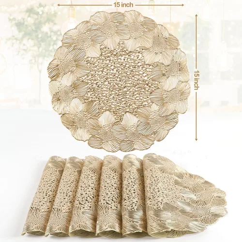 Miniatura 5 de Juego de 4 manteles individuales redondos dorados para mesa de comedor, manteles individuales metálicos de vinilo prensado para decoración de bodas