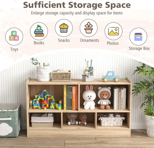 Miniatura 4 de MEDIMALL Organizador de almacenamiento de juguetes para niños de 5 cubos, estante de almacenamiento de madera de 2 niveles para libros y juguetes