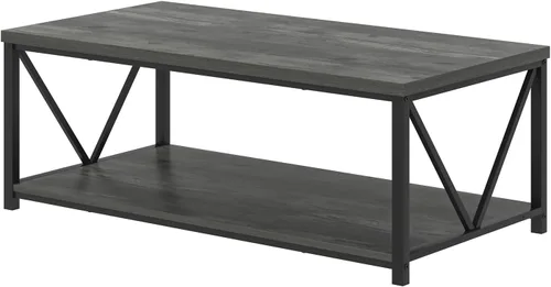 Miniatura 9 de EXCEFUR Mesa auxiliar, mesa de sala de estar de madera rústica y metal, mesa central rectangular industrial con estante de almacenamiento, 47 Gris