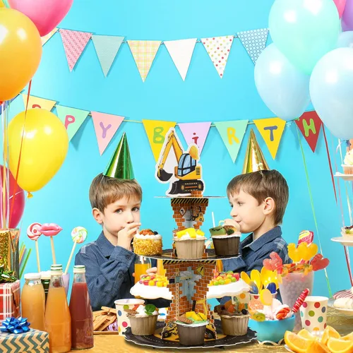 Miniatura 5 de Tiamon Decoraciones de cumpleaños de construcción de 3 niveles con tema de construcción, soporte para cupcakes, camión volquete de cartón, soporte