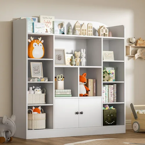 Miniatura 13 de DIYART Estantería negra para niños, estantería para niños con 7 cubos y 2 gabinetes, estantes independientes de almacenamiento para dormitorio, sala